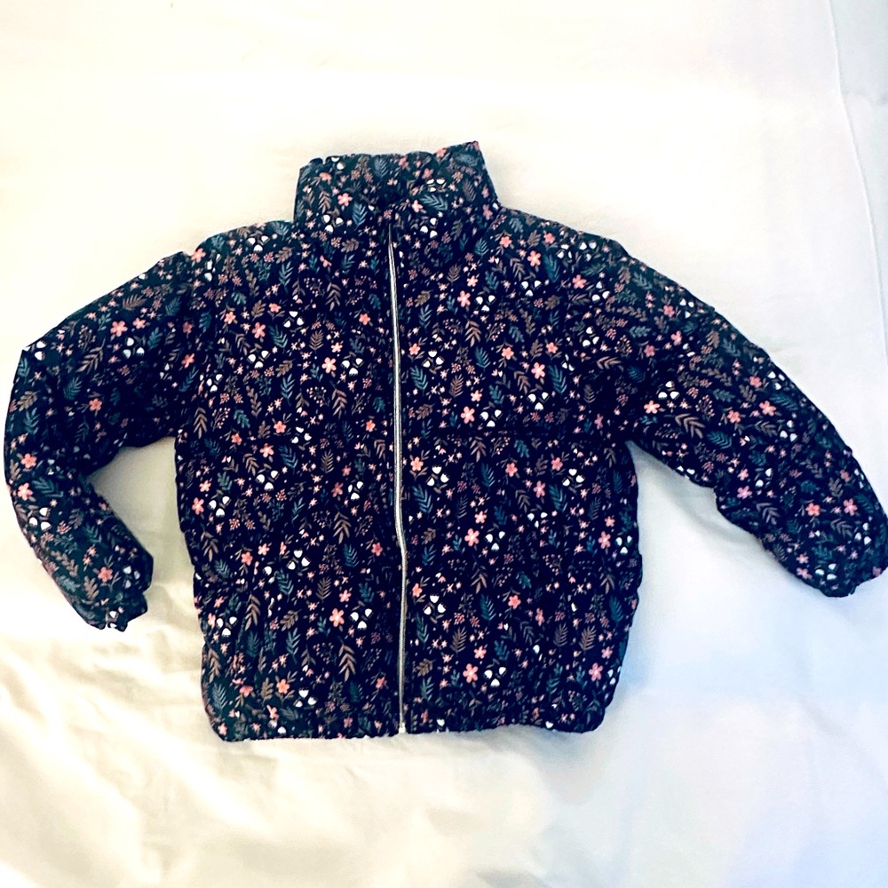 Girls Navy Blue Flower Pattern Short Puffer Coat - Girls Size 9/10